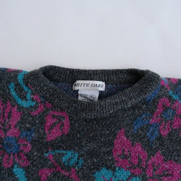 Vintage White Oaks Grey w Pink Teal Floral Knit Crewneck Sweater M - Picture 11 of 13